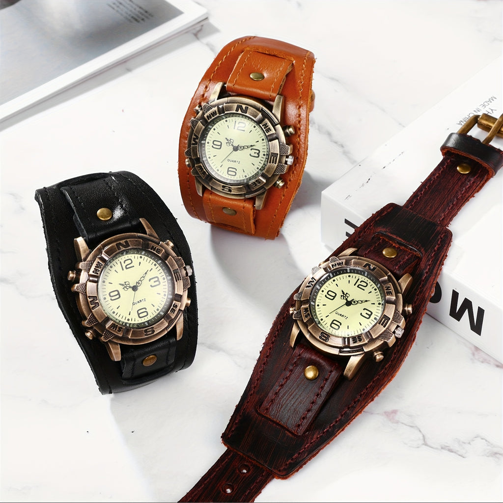 Vintage Steampunk Wide Leather Strap Analog Quartz Watch, Biker Watch, Round Case, For Men And Women, Halloween Christmas Father'S Day Mother'S Day Gift