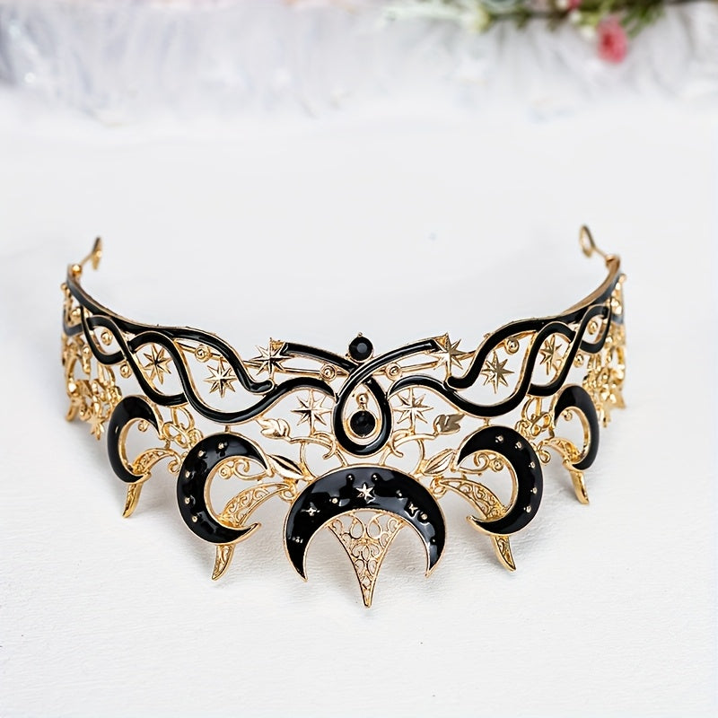 Crown Featuring a Gothic Black Crescent Moon Design for Both Men And Women, Adorned with Stars. This Dark Aesthetic Tiara Is Perfect for Witch, Pagan, Or Wiccan Themes, Ideal for Halloween Cosplay, Costume Parties, Stage Performances, Weddings