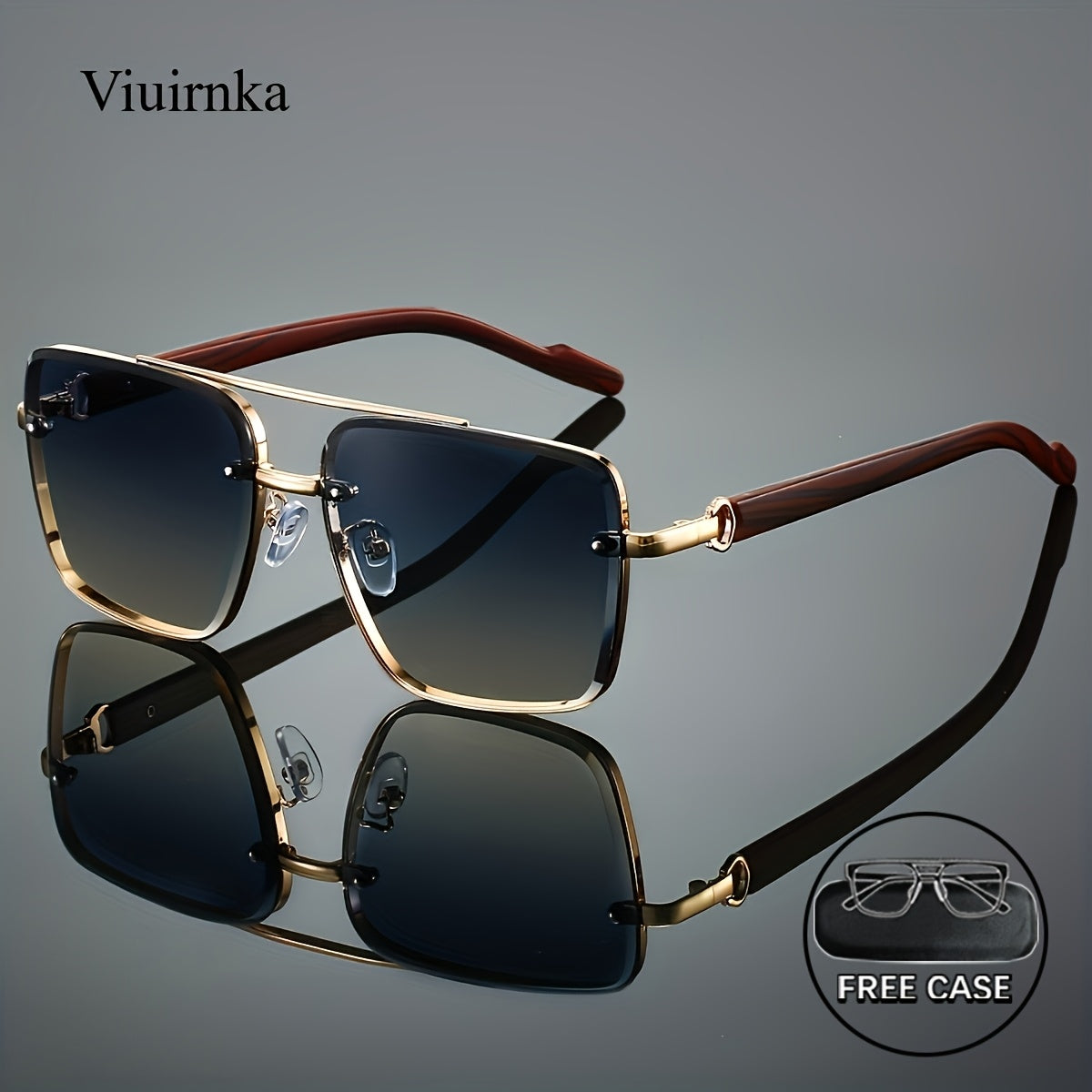 Square Sunglasses Women Men Double Bridge Gold Frame, Vintage Wood Grain Texture Light Luxury Fashion Eyewear, UV Protection for Driving Travel Street Photography Daily Wear — 6 Color Options
