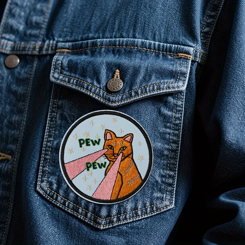 3pcs Embroidery Iron On Patches - Cute Cartoon Cat with Stars & PEW PEW Laser Design, Durable Fabric Applique Badges for Hats, Jackets, Pants, Clothes, Backpacks - Easy DIY Clothing Accessories, Playful Accessory, Vibrant Embroidery
