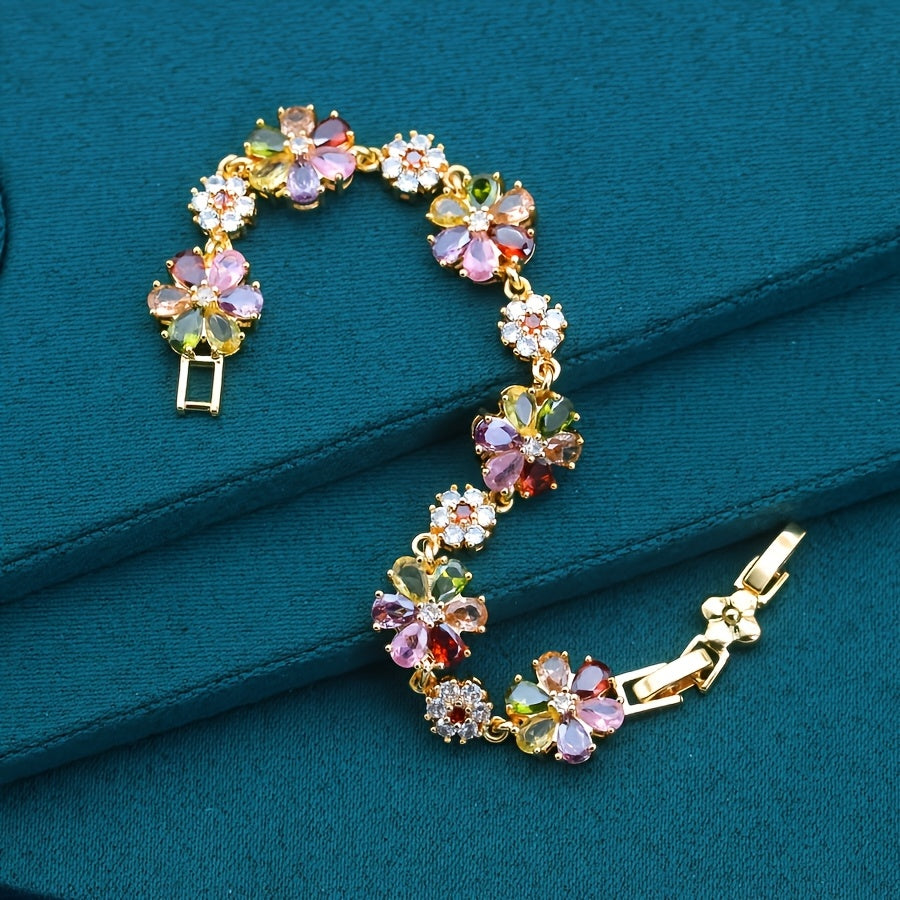 Women' Elegant Vintage 18K Plated Cubic Synthetic Zirconia Bracelet - Floral Motif Suitable for Daily Wear & Gift, Retro Jewelry, Year-Round Wearable Accessory for Special Events & Everyday Outfits (Valentine' Day)
