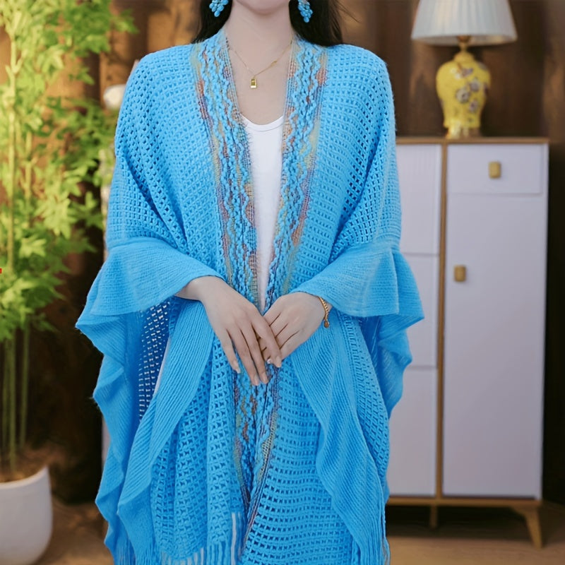 New Shawl for Women with Hollowed Out Color Stripes And Ruffle Edges, Paired with A Sweater for Travel Photography, Ethnic Style Cloak, Seasonal Universal Air-conditioned Room Scarf
