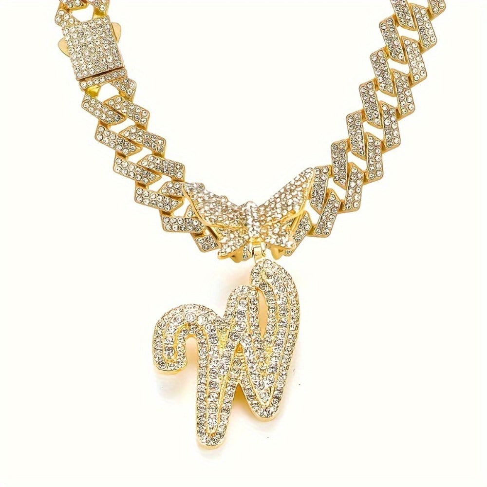 Cuban Link Chain Necklace - Initial Letter for Men Women - with Butterfly Alphabet Pendant A-Z, Gold & - product detail view