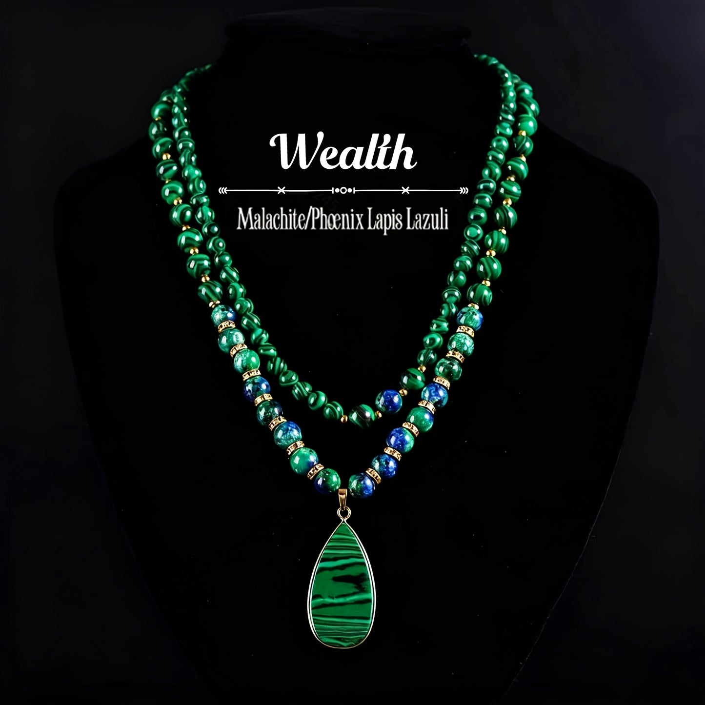 Malachite Necklace Set 2Pcs - Natural Stone Beads Lapis Lazuli Wealth Necklace, Handmade Vintage Boho Adjustable Stackable Jewelry, Attracts Fortune & Abundance, Unisex Daily Wear & Gift