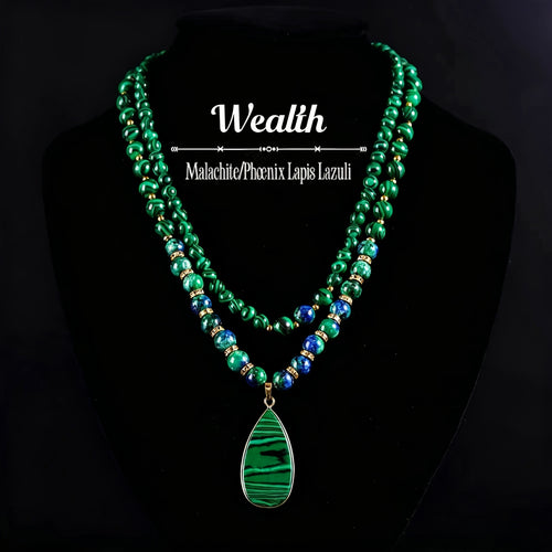 Malachite Necklace Set 2Pcs - Natural Stone Beads Lapis Lazuli Wealth Necklace, Handmade Vintage Boho Adjustable Stackable Jewelry, Attracts Fortune & Abundance, Unisex Daily Wear & Gift