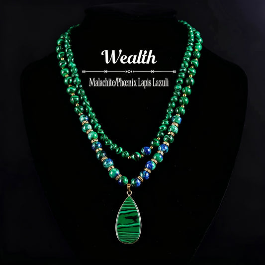 Malachite Necklace Set 2Pcs - Natural Stone Beads Lapis Lazuli Wealth Necklace, Handmade Vintage Boho Adjustable Stackable Jewelry, Attracts Fortune & Abundance, Unisex Daily Wear & Gift