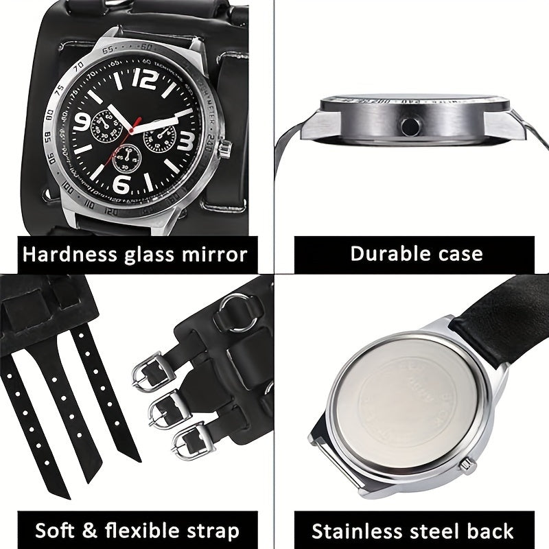 Hip Hop Punk Rock Style Analog Quartz Men's Watch, Europe And The United States Trend Personality Biker Wide Leather Watch, Three Eyes Decorative Dial, Halloween Christmas Birthday Gift