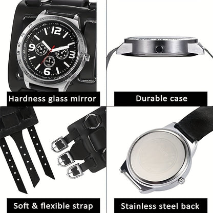 Men's Punk Rock Biker Watch — Wide Leather Strap, Three-Eye Dial, Quartz | Black & Brown