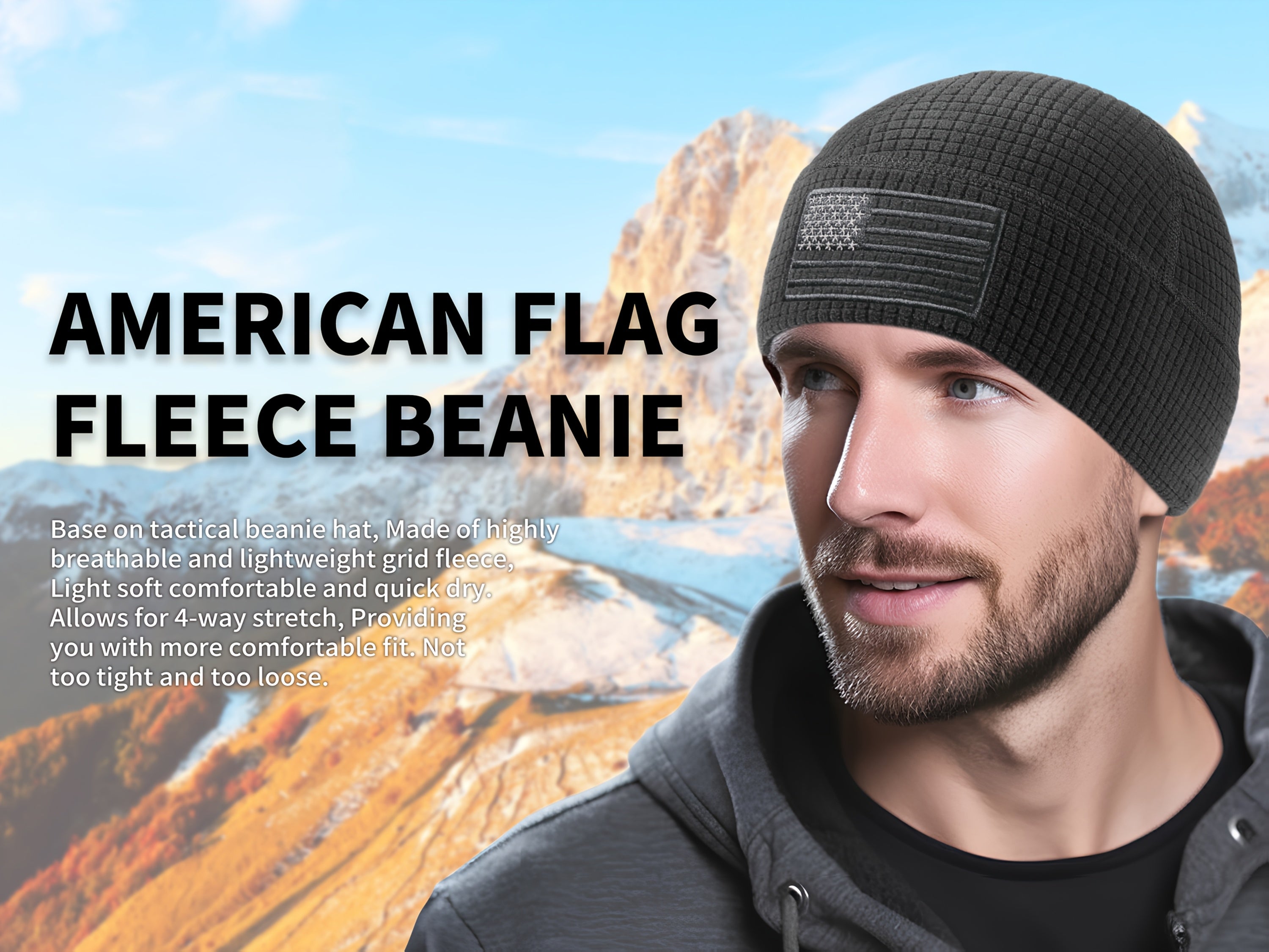 Tactical Military Cap Featuring a Waffle Design And an American Flag Embroidery on a Grid Fleece Beanie