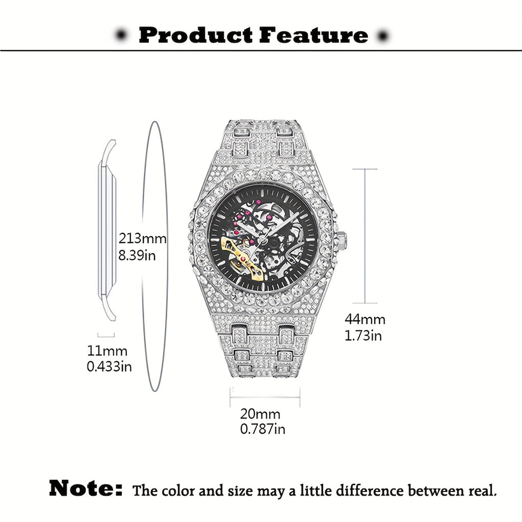 Men'S Luxury Wristwatch by Miss Fox Featuring a Golden Design with Rhinestones, Automatic Mechanical Movement, Round Analog Display, Embellished with Glitter, Zinc Alloy Band, And a Stylish Large Dial