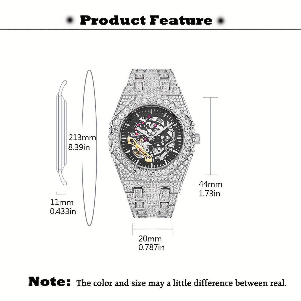Men'S Luxury Wristwatch by Miss Fox Featuring a Golden Design with Rhinestones, Automatic Mechanical Movement, Round Analog Display, Embellished with Glitter, Zinc Alloy Band, And a Stylish Large Dial