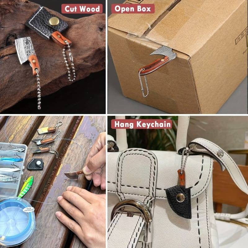 10pcs Random Premium Mini Knife Keychain Set (5 Knives And 5 Knife Sets), Damascus Pattern Pendant Blade, with Leather Cover, Stainless Steel, Non-Foldable, Straight Back, Flat Blade, Lightweight, Luxury Portable EDC Pocket Tool