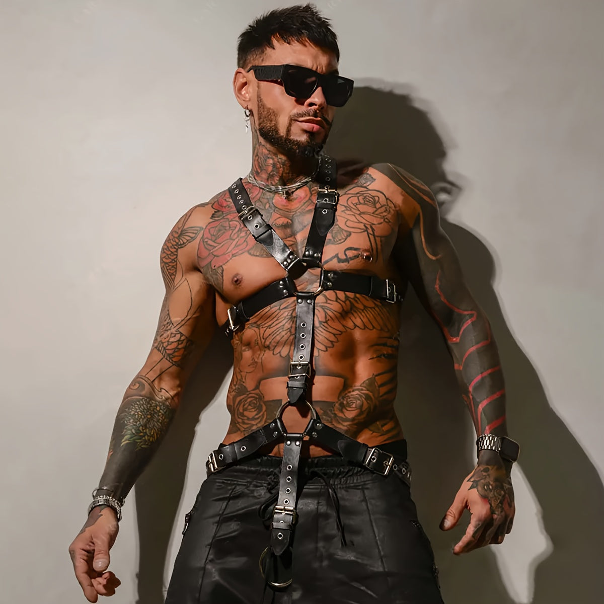 Men'S Adjustable Faux PU Suspenders - Gothic Punk Style Body Harness with Rivets, Non-Stretch Fabric, Perfect for Festivals And Parties