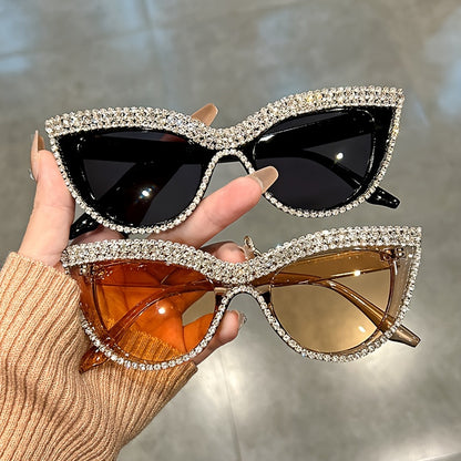 Rhinestone Cat Eye Glasses Women 2 Pack Sparkling Composite Frame Decorative Eyewear with Case Champagne Black Prom Costume Party Special Occasions Luxury Fashion