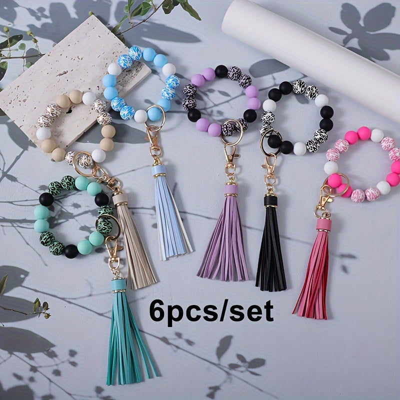 Wooden Bead Keychains Set 6pcs – Boho Tassel Wristband Keychain for DIY Jewelry, Handbag Charm & Gift for Women, Friends, Mothers