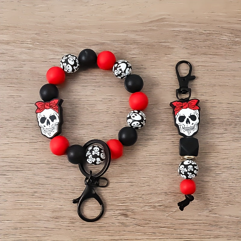 2pcs/set Skull Handmade Beaded Keychain Beaded Wrist Key Ring Bag Hanging Ornament Female Key Pendant Anti Lost Pendant Perfect Gift for Friends