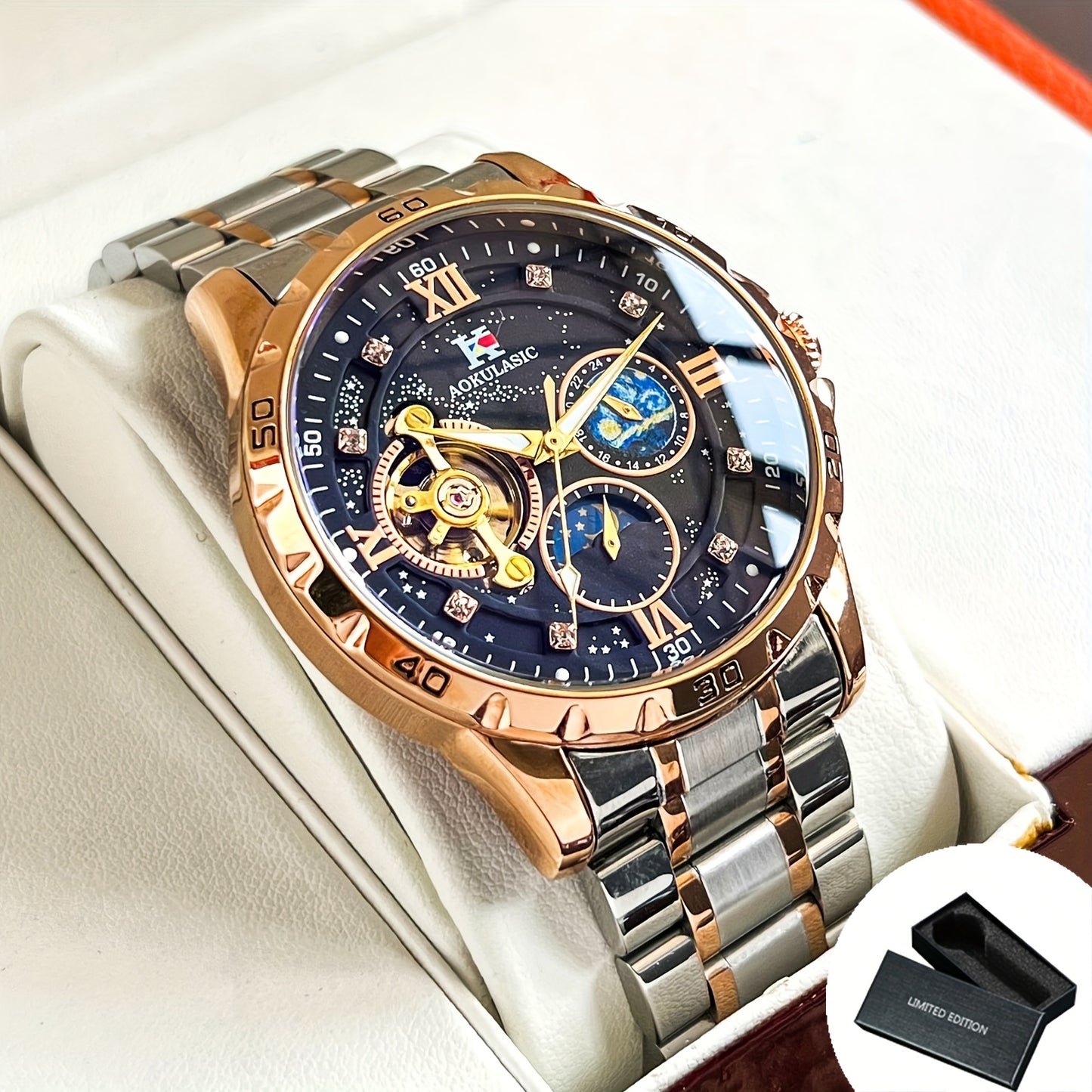 Automatic Mechanical Watch Men Tourbillon Skeleton Rose Gold Stainless Steel – Starry Sky Luminous Dial Iced Out Business Casual Wristwatch Gift Box