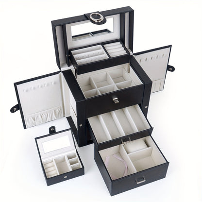 Jewelry Box Faux Leather with Mirror & 2 Drawers – Portable Travel Jewelry Organizer for Necklaces, Rings & Earrings, Women’s Storage Case Black