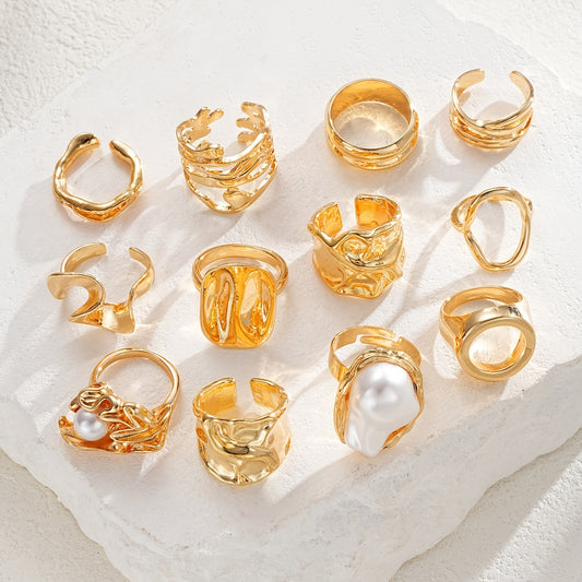 12pcs Set Elegant Vintage Adjustable Rings | Unusual Geometric Lines, Floral Designs, Faux Shell &, Thick & Bulky, Bohemian Style, Unisex, Ideal for Daily Wear, Vacations, Christmas, and Gifts