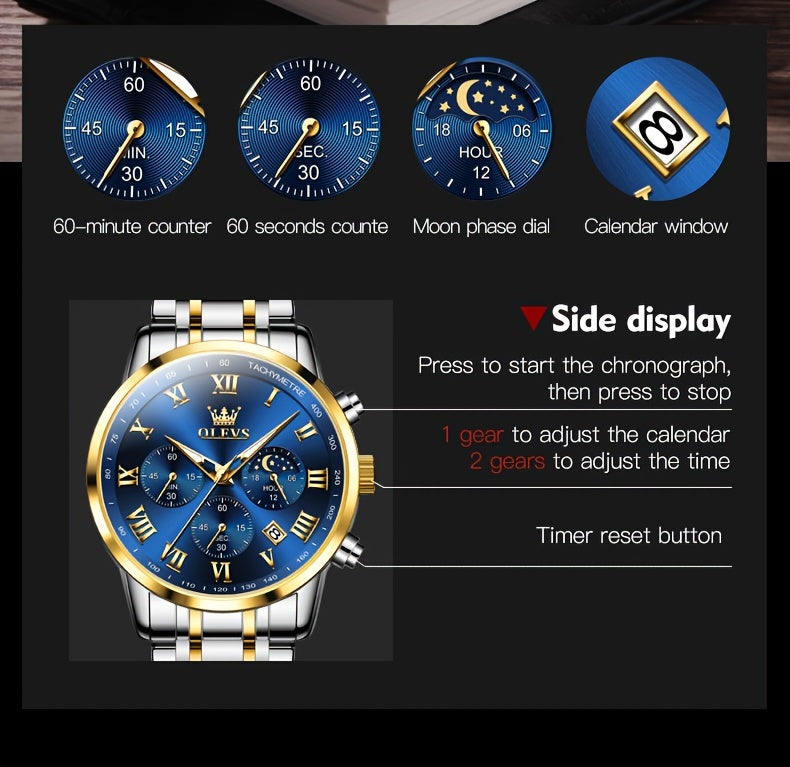 OLEVS Men's Luxury Dress Watch – Stainless Steel Chronograph, Moon Phase, Roman Numerals Analog Quartz Wristwatch, Elegant Gift for Him