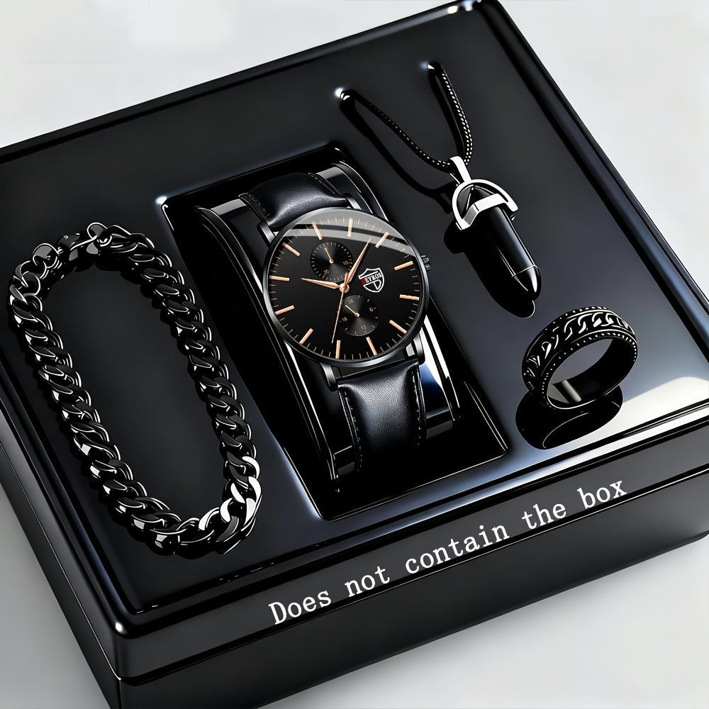 4pcs/Set Men'S Elegant Quartz Watch And Bracelet Set – | Sports Watch | Casual Watch | Business Watch | Quartz Movement