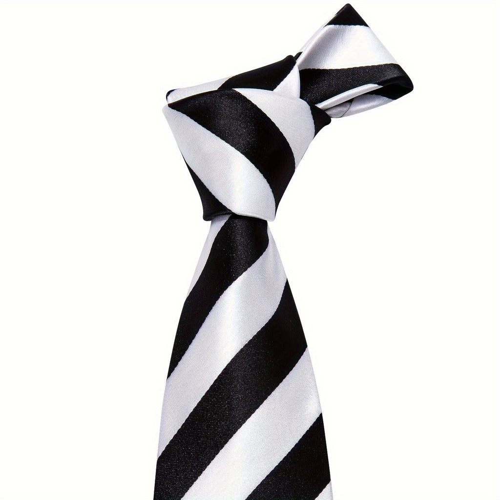 VERVEROW 1set Black White Stripped Mens Classic Tie Necktie Pocket Square Cufflinks Golden Ring Set