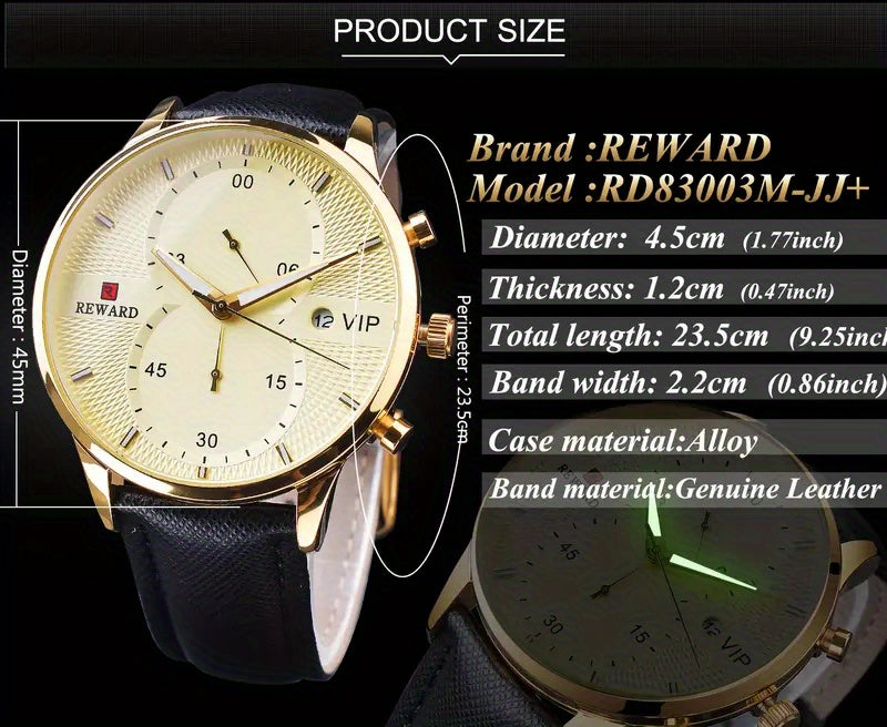 Men's Quartz Watch with PU Leather Strap, Date & Stopwatch — Gift Box Included | Golden & Blue