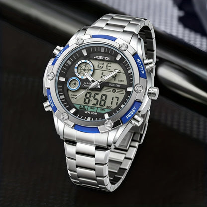 JOEFOX Men's Digital Sport Watch Large Display LED Backlight Stainless Steel Band 3ATM Waterproof Chronograph Alarm Wristwatch Black Blue