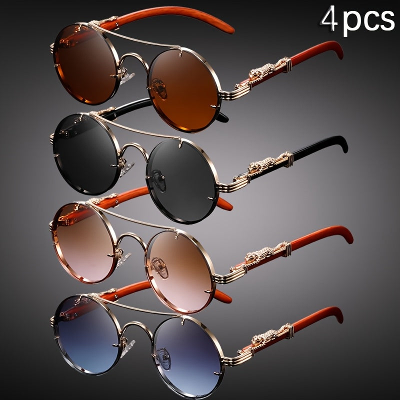 4pcs Punk Rock Metal Round Glasses with Leopard Print Hinges And Fashionable Tortoiseshell Accents - Retro Round Frame, PC Lenses, Perfect for Birthdays, Photography Props And Casual Wear, Punk Additions