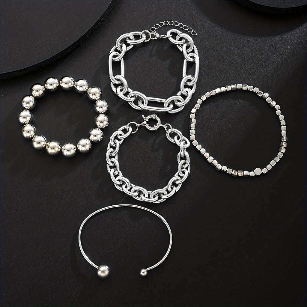 5pcs Women's Fashion Bracelet Set: Stylish, Minimalist, Exaggerated, High-End Round Bead, Square, and Bold Chain Bracelets for Women, Perfect for Daily Wear, Vacation, Dates, Parties, Gifts, Holidays, Birthdays, Travel, Mother, Girlfriend, Friend, Or