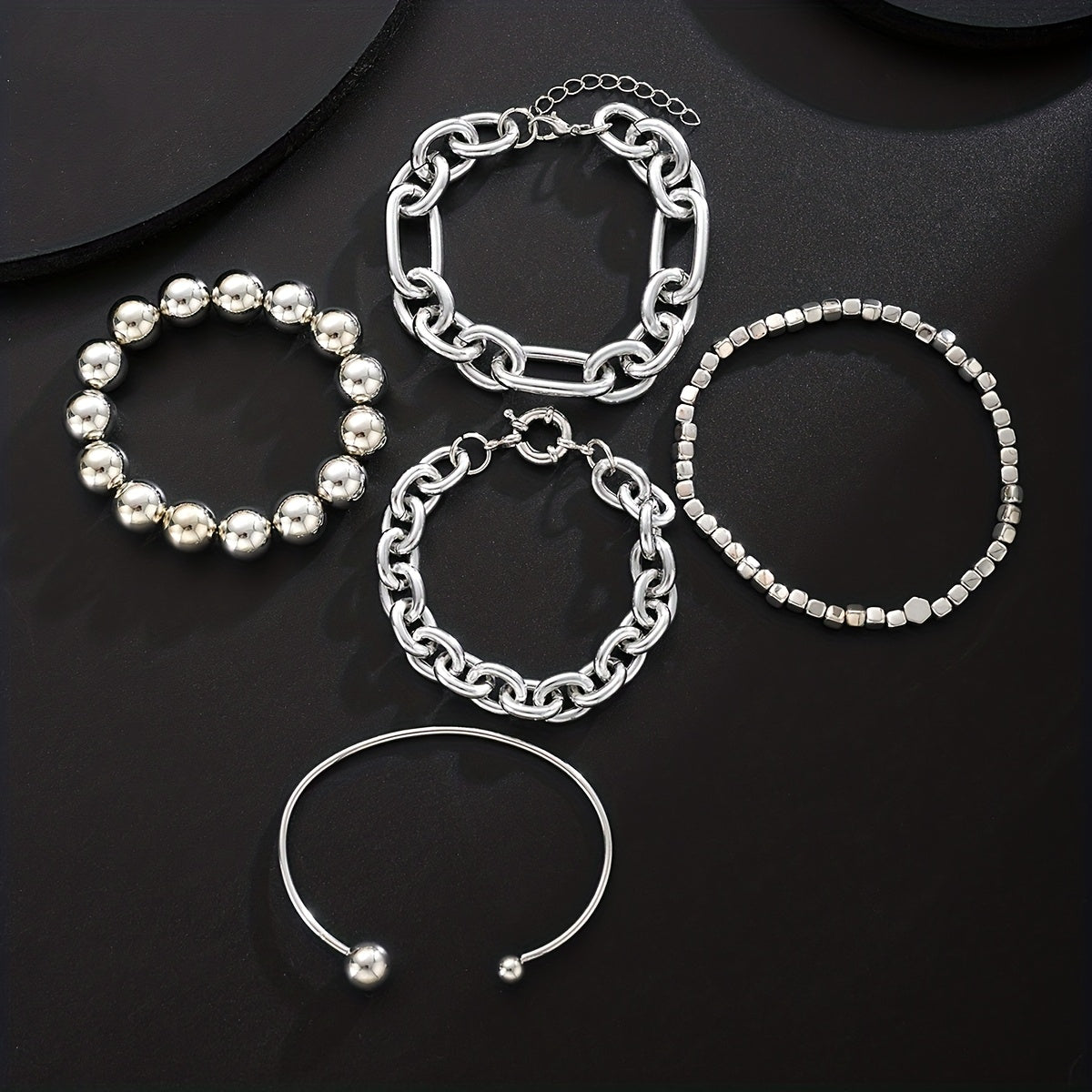 5pcs Women's Fashion Bracelet Set: Stylish, Minimalist, Exaggerated, High-End Round Bead, Square, and Bold Chain Bracelets for Women, Perfect for Daily Wear, Vacation, Dates, Parties, Gifts, Holidays, Birthdays, Travel, Mother, Girlfriend, Friend, Or