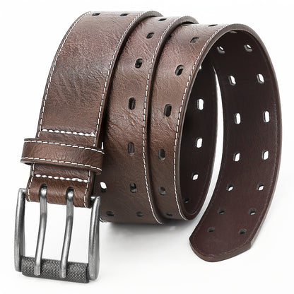Double Prong Belt for Men - Faux Leather, Heavy Duty Work Belt, Classic Casual, Sizes 34"-46", 4 Colors, Gift for Dad & Husband