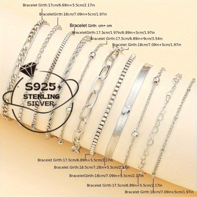 [Holiday Accessories Gift Set] 925 Sterling Silvery Bracelet Set - 11 Simple Twisted Snake Chain Bangle for Women, Perfect for Holidays and Casual Attire, Holiday Accessories, Gift Set, Bohemian Style, Vintage Jewelry, Fine Craftsmanship, Durable Bangle,
