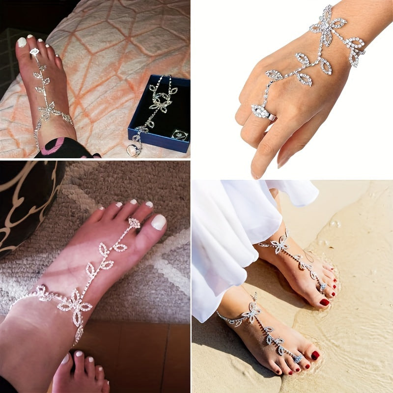 1 Gorgeous Sparkling Rhinestone Decorated Leaf Shaped Toe Chain, Bride Ankle Chain Bracelet, Suitable for Women'S Beach Ankle Chain Barefoot Additions