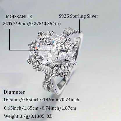 Moissanite Engagement Ring Oval 2 Carat - S925 Sterling Silver Hypoallergenic Egg-Shaped Bohemian Ring for Women, Elegant Wedding Anniversary Promise Ring Sizes 5-10
