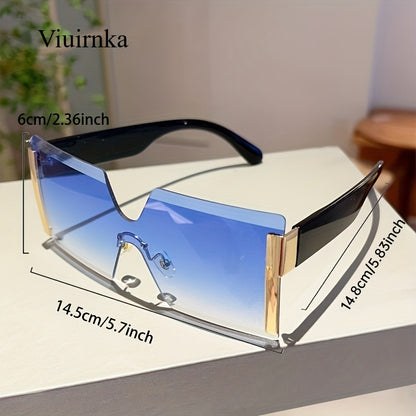 Oversized Frameless Glasses Women Gold Frame Retro Square Fashion Eyewear with Case Lightweight Unisex Events Halloween Christmas Gift Golden Tea Blue Purple Pink