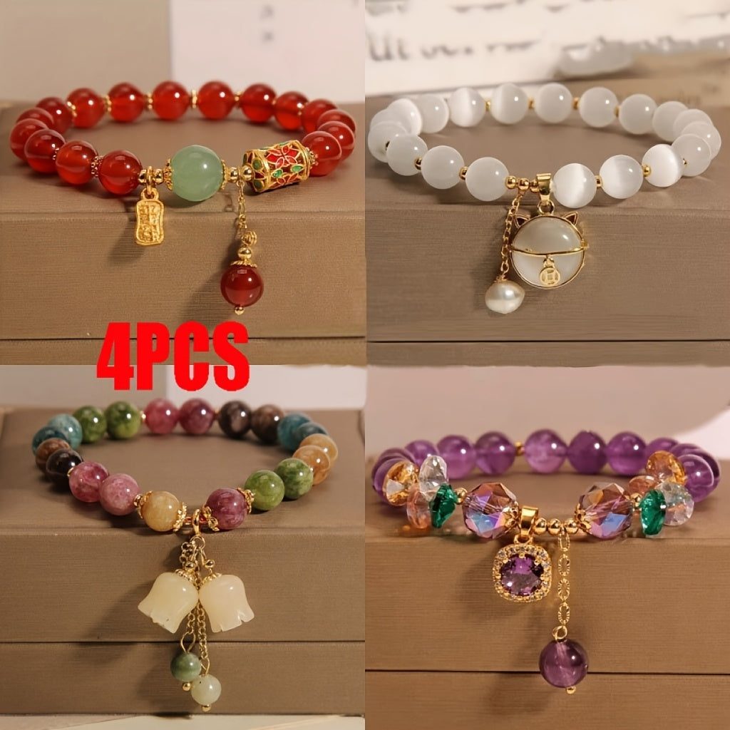 4pcs Elegant Natural Stone Bracelets - Amethyst Beads with CZ Cat Pendant - Lucky Boho Jewelry Gift for Women Men Couple Best Friend