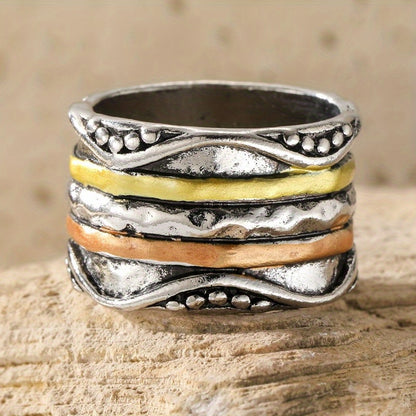 Boho Ring for Women Stainless Steel - Retro Bohemian Multi-Color Layered Texture Statement Ring, Fashionable Stackable Band for Daily Wear & Gatherings, Sizes 6-10