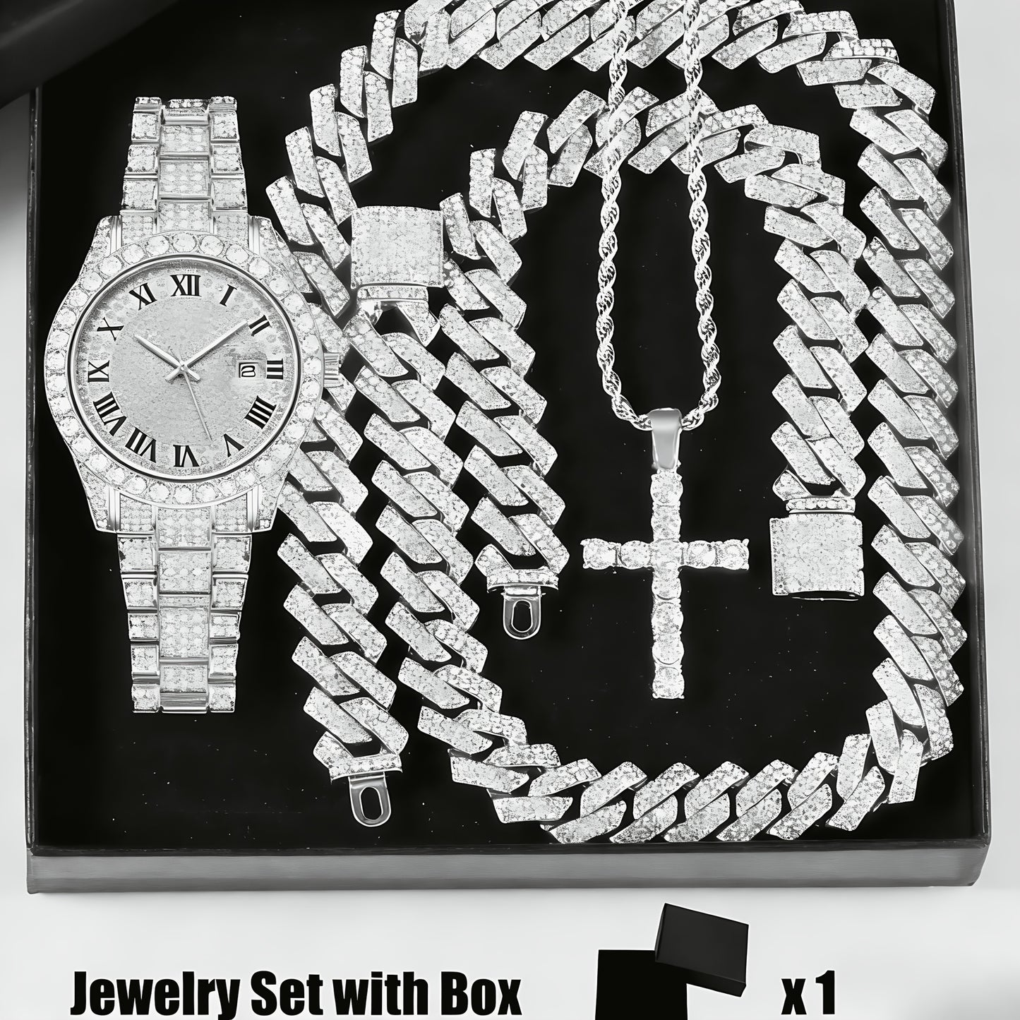 Rhinestone Watch & Cross Pendant Jewelry Set 4-Piece for Men & Women – 5A Crystal Quartz Calendar Watch, Wedding & Daily Luxury Gift
