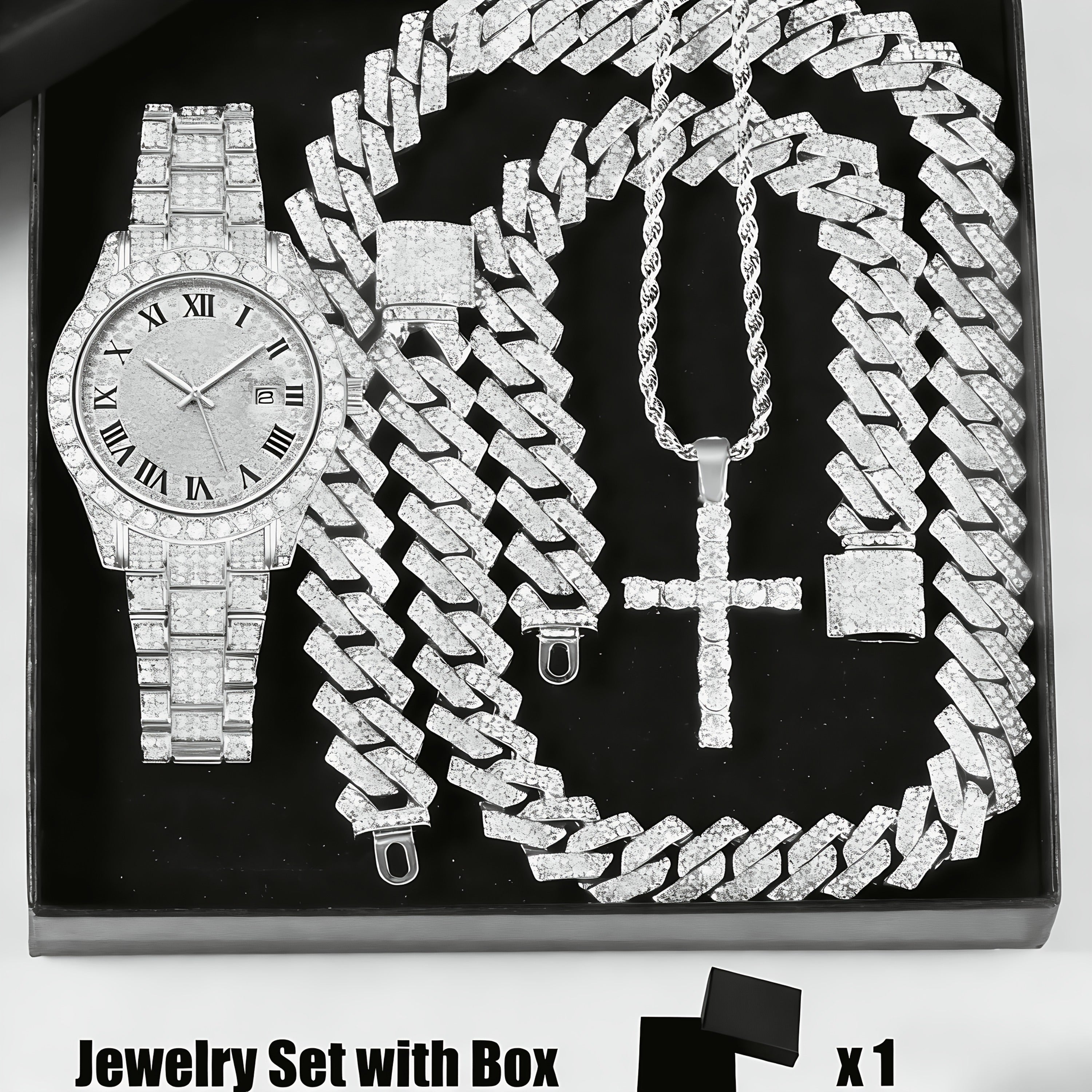 4pcs/set Men's & Women's Rhinestone Wrist Watch & Cross Pendant Jewelry Set with Analog Quartz Watch, Calendar, Quartz Movement, Suitable for, Wedding, Daily Wear - Luxury Accessory Gift for Him/Her