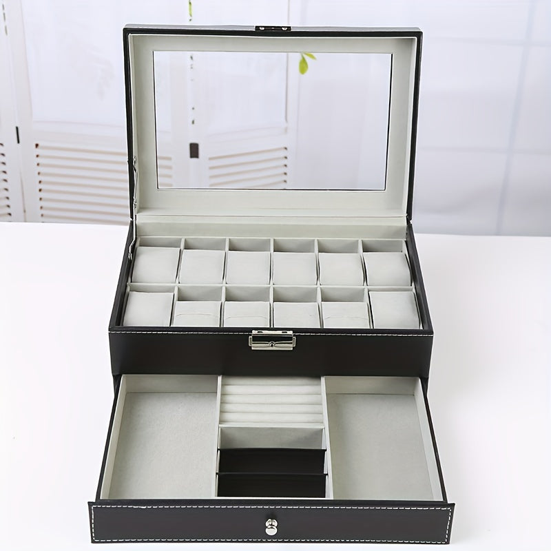 KYPHIREL - Men's Watch Box, 12-Slot Men's Watch Box with Drawer, Watch Display Box with Glass Lid, 2-Layer Watch Organizer, Gift for Valentine's Day, Mother's Day, Christmas, Halloween, Thanksgiving