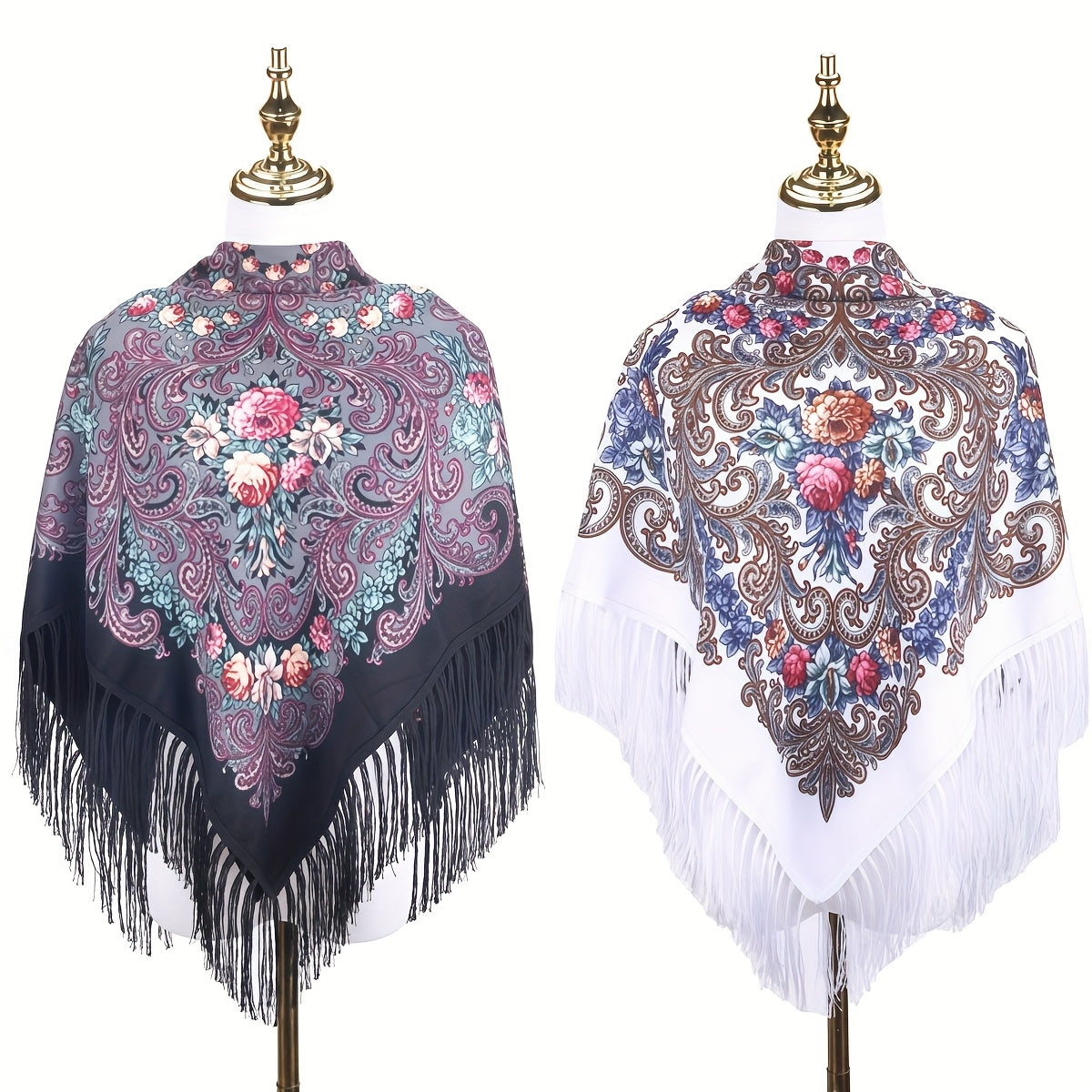 Set of 2 Tassel Shawls Featuring a Vintage Floral Design, Perfect for The Autumn-Winter Season. These Fringed Scarves Provide Warmth And Protection from The Wind, Ideal for Themed Parties And Costume Events. Great Clothing Options for You