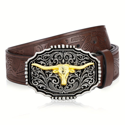 Western Belt for Men - Embossed Floral Cowboy Belt, Longhorn Bull Pattern Big Buckle, Faux Leather, Sizes 34-44, 23 Colors, Stylish & Durable