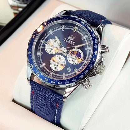 OLEVS Men's Luxury Chronograph Watch Moon Phase Quartz Big Face Calendar Waterproof, Leather Strap Dress Wristwatch for Men, Gold White Black Green Blue