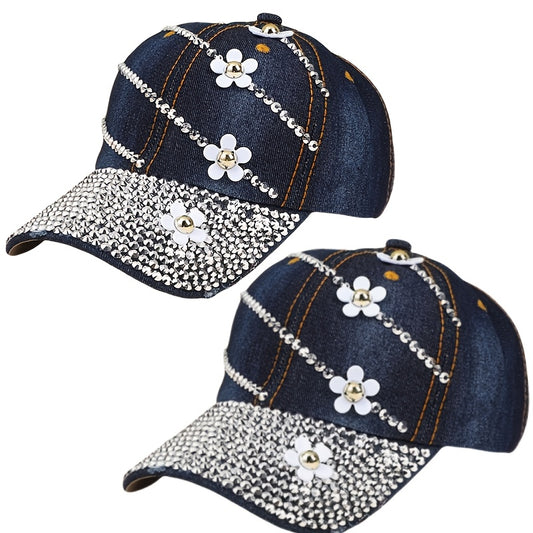 Spring And Summer Rhinestone Flower Patch Baseball Cap, Solid Color Fashionable Cute Baseball Cap, Lightweight Cool Adjustable Women's Sun Hat