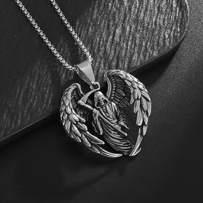 Men's 316L Stainless Steel Gothic Skull with Wings & Reaper Pendant - Heavy Duty Punk Jewelry Suitable for Concerts, Casual Attire & Reaper Events - 316L Stainless Steel Necklace