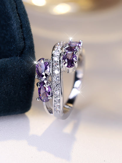 Purple Zirconia Ring S925 Sterling Silver - Elegant Synthetic Gemstone Charm Ring for Women Bride Wedding Engagement Shiny Jewelry Gift Size 6 7 8 9 10