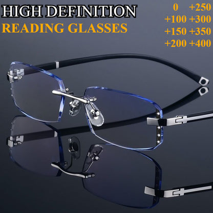 Frameless Reading Glasses for Men Women – Retro Elegant Lightweight Eyewear for Reading, Phone & Computer, Blue Transparent, Magnification Strength +100 to +400