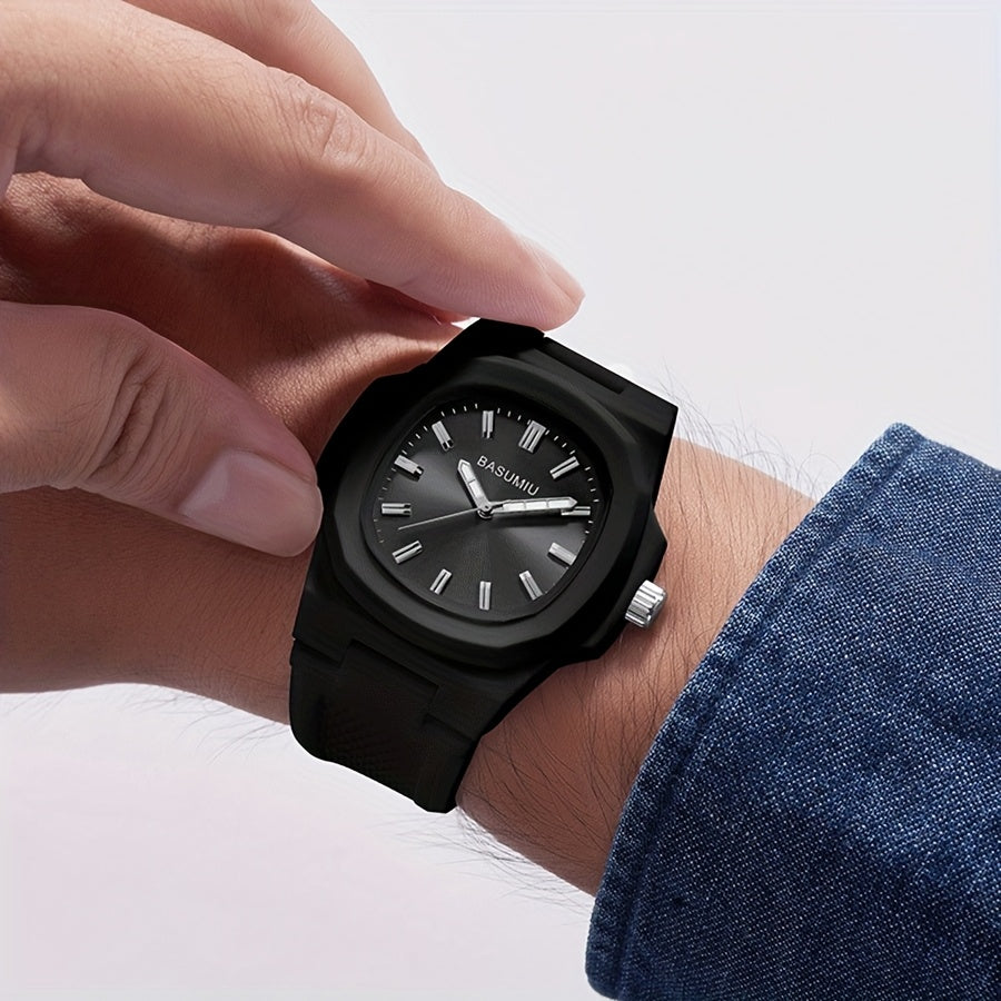 Silicone Band Watch for Men - Casual Minimalist Oval Dial Quartz Wristwatch, Zinc Alloy Case, Lightweight Sport Everyday Watch Gift in Black Gold, Black White, Black Silver