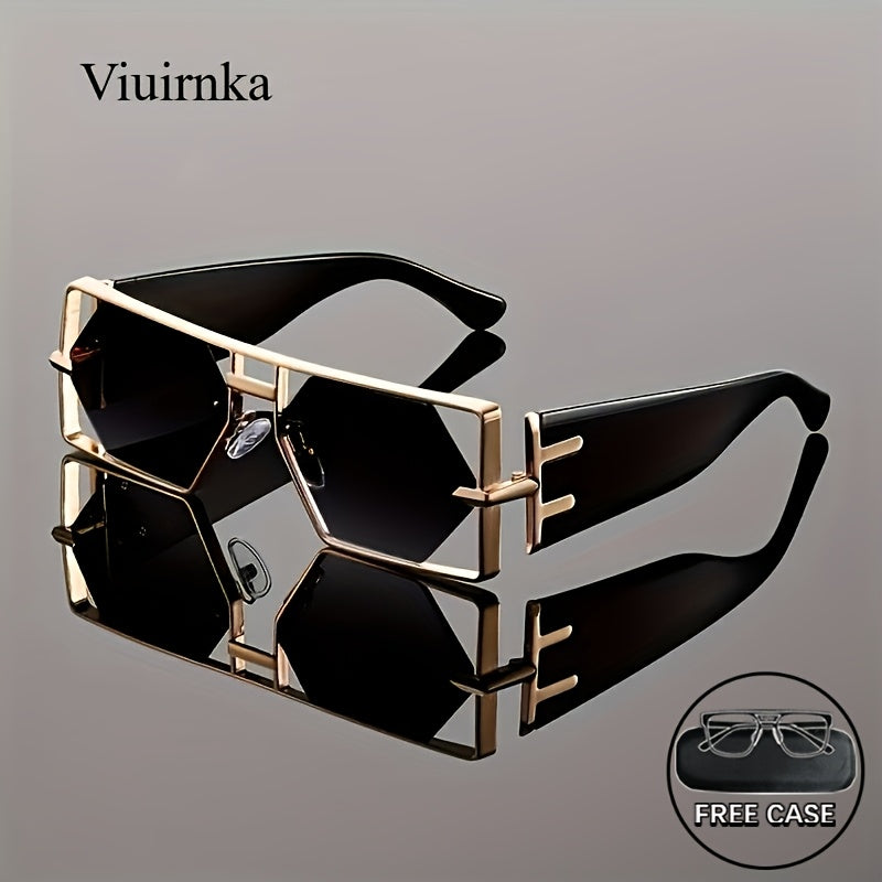 Unisex Oversized Hollow Square Sunglasses, Protection & Metal Frame, Trendy Exaggerated PC Lens Sunglasses, Beach Vacation Travel Essential, Includes Protection Case, Summer Fashion Accessories, Lightweight Durable Eyewear